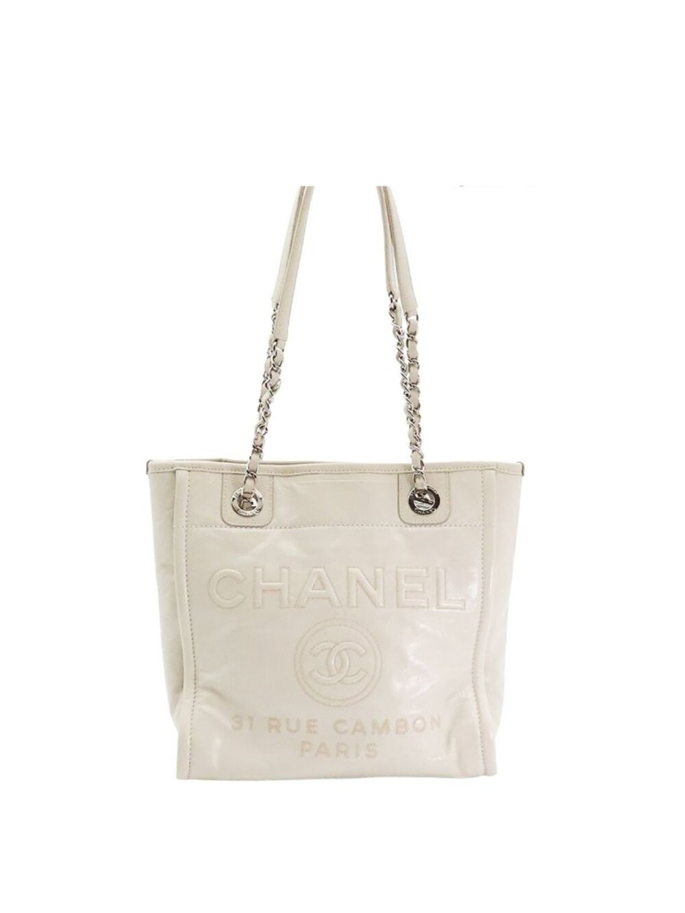 Chanel Deauville PM Ivory Silver Leather Shoulder Bag Chain